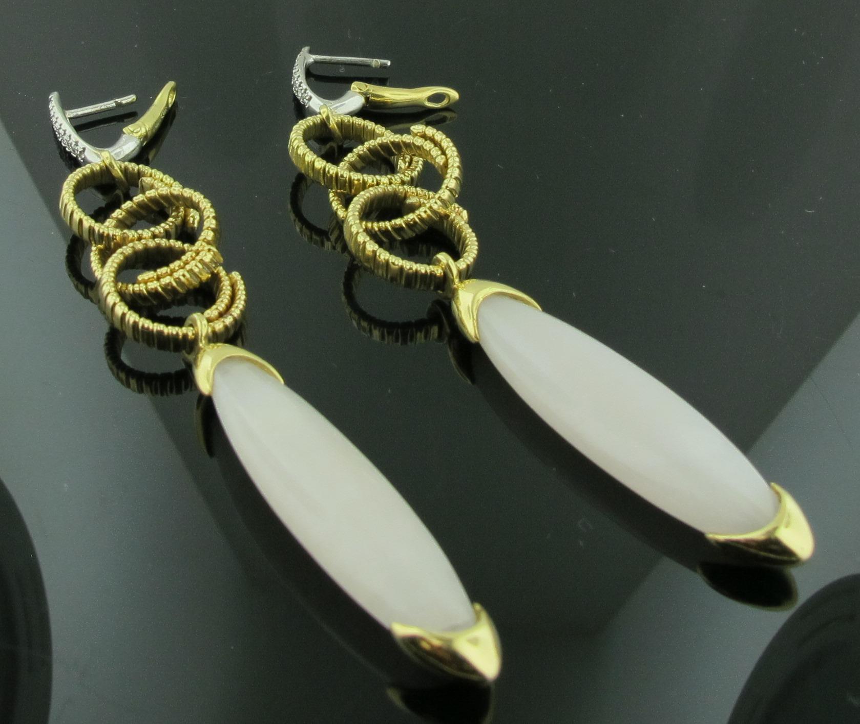 Women's or Men's 18 Karat Yellow Gold Jadeite and Diamond Drop Earrings For Sale