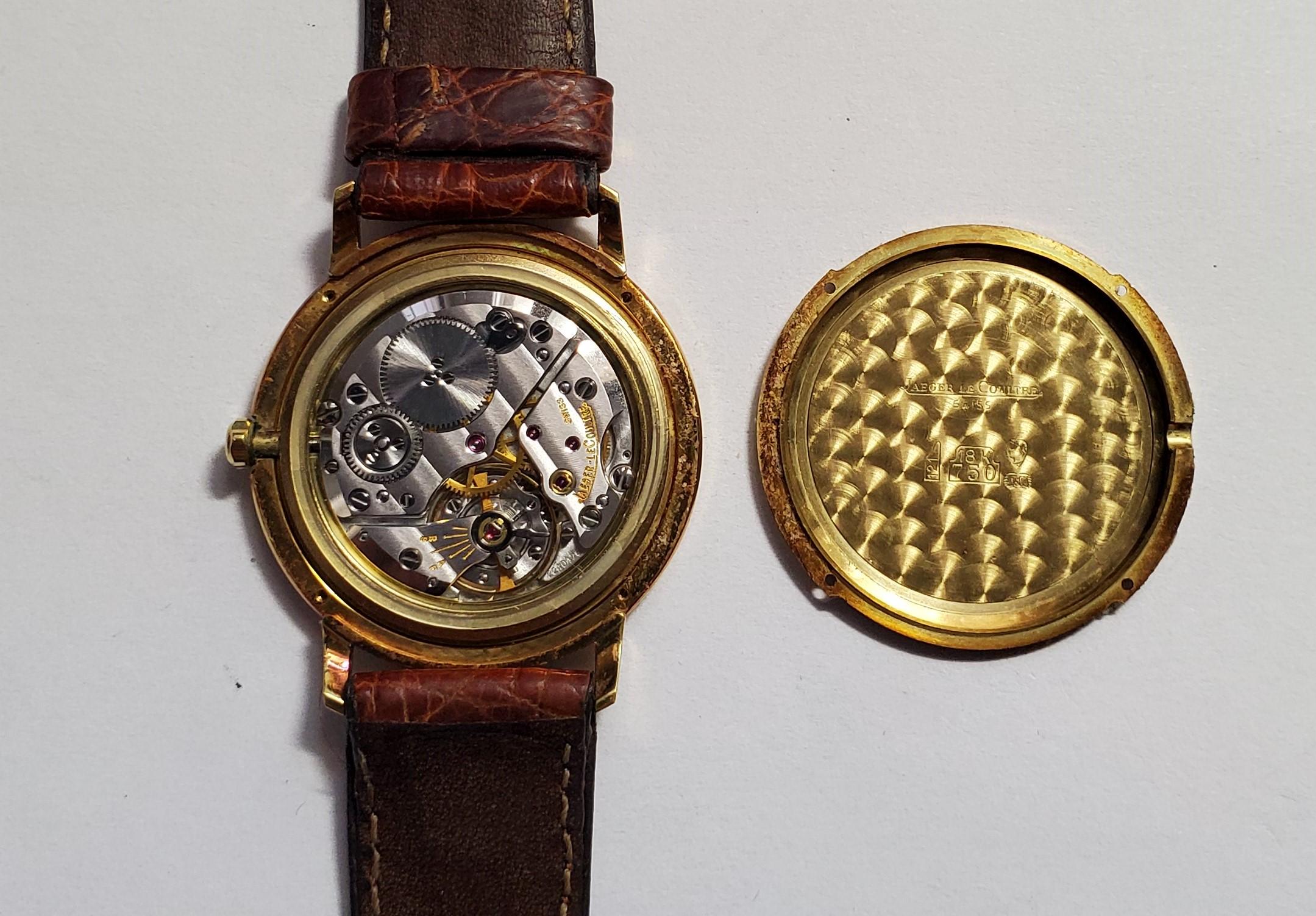 18 Karat Gelbgold Jaeger LeCoultre Uhr 30mm Gehäuse Schweizer 1990er Jahre Handarbeit im Angebot 4