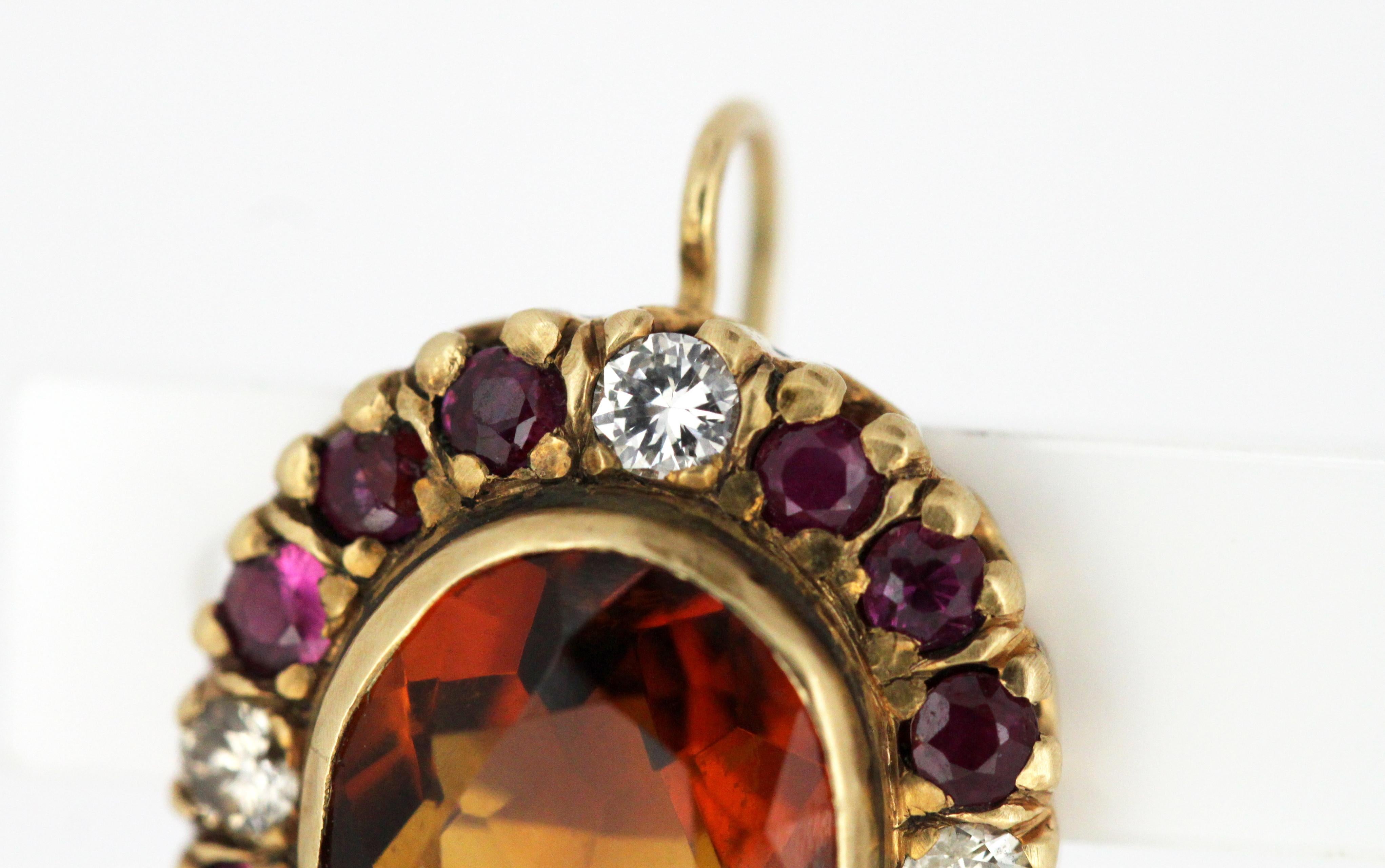 Women's 18kt Yellow Gold Ladies Clip-On Earrings with Garnets, Diamonds and Rubies, 1970