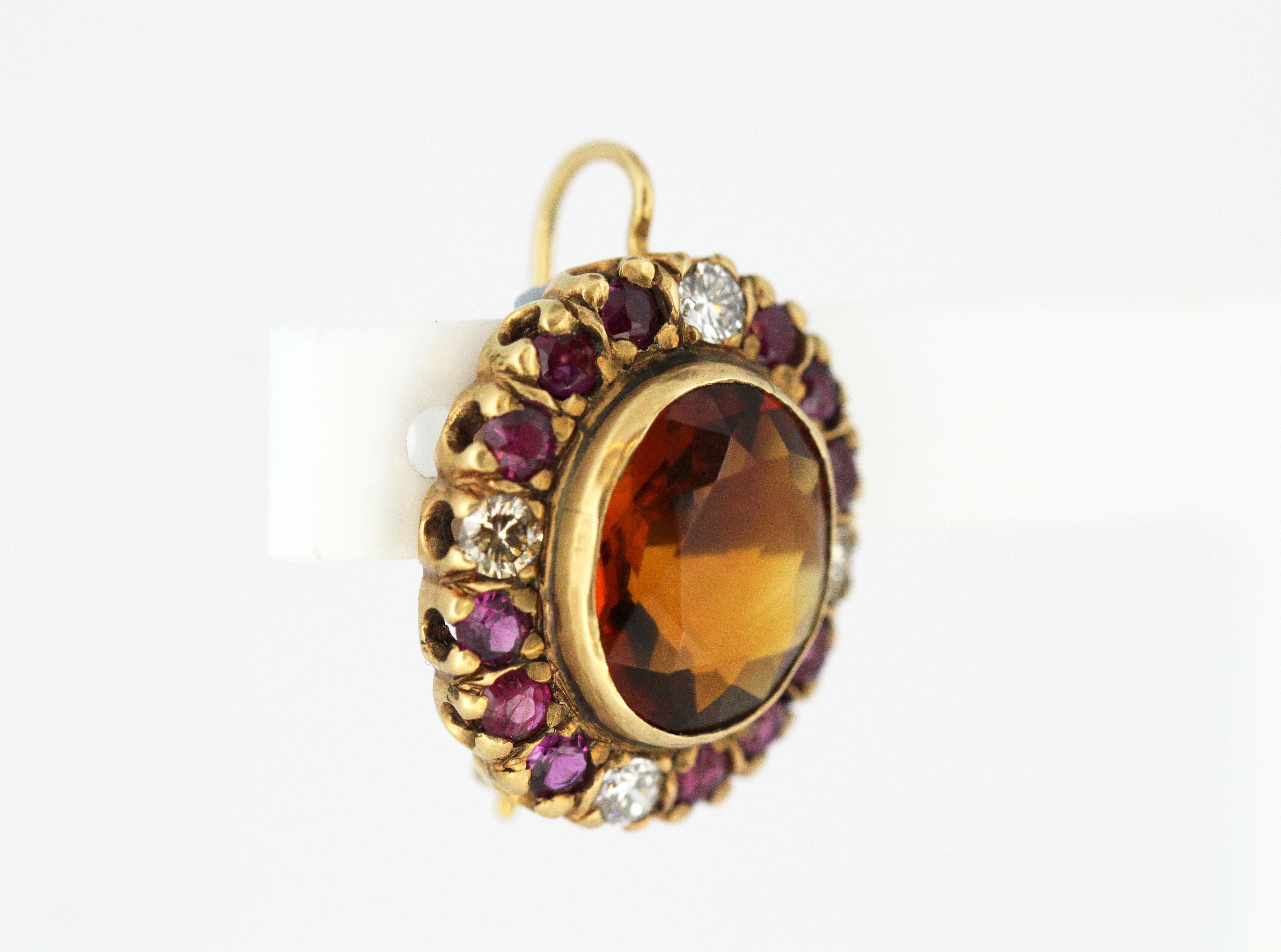 18kt Yellow Gold Ladies Clip-On Earrings with Garnets, Diamonds and Rubies, 1970 1