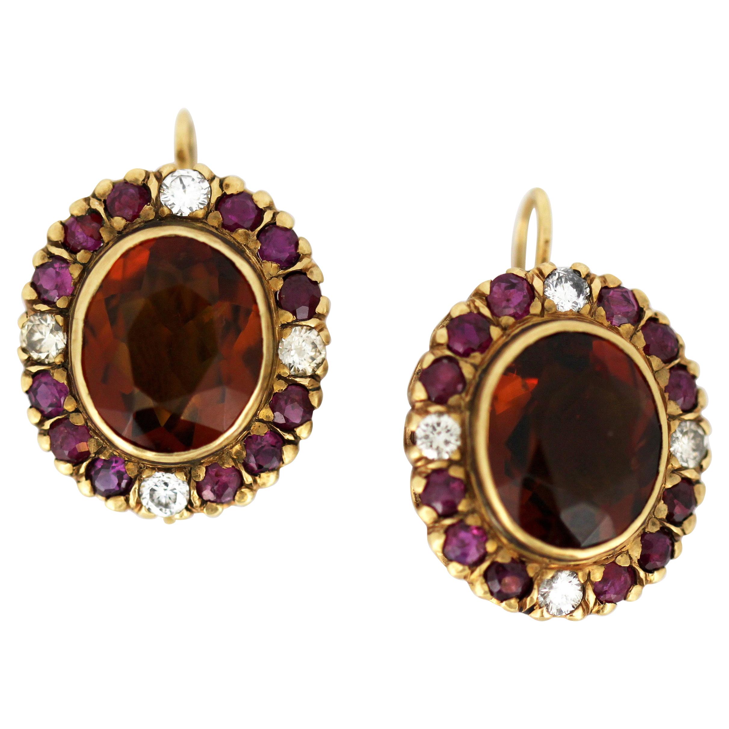 18kt Yellow Gold Ladies Clip-On Earrings with Garnets, Diamonds and Rubies, 1970