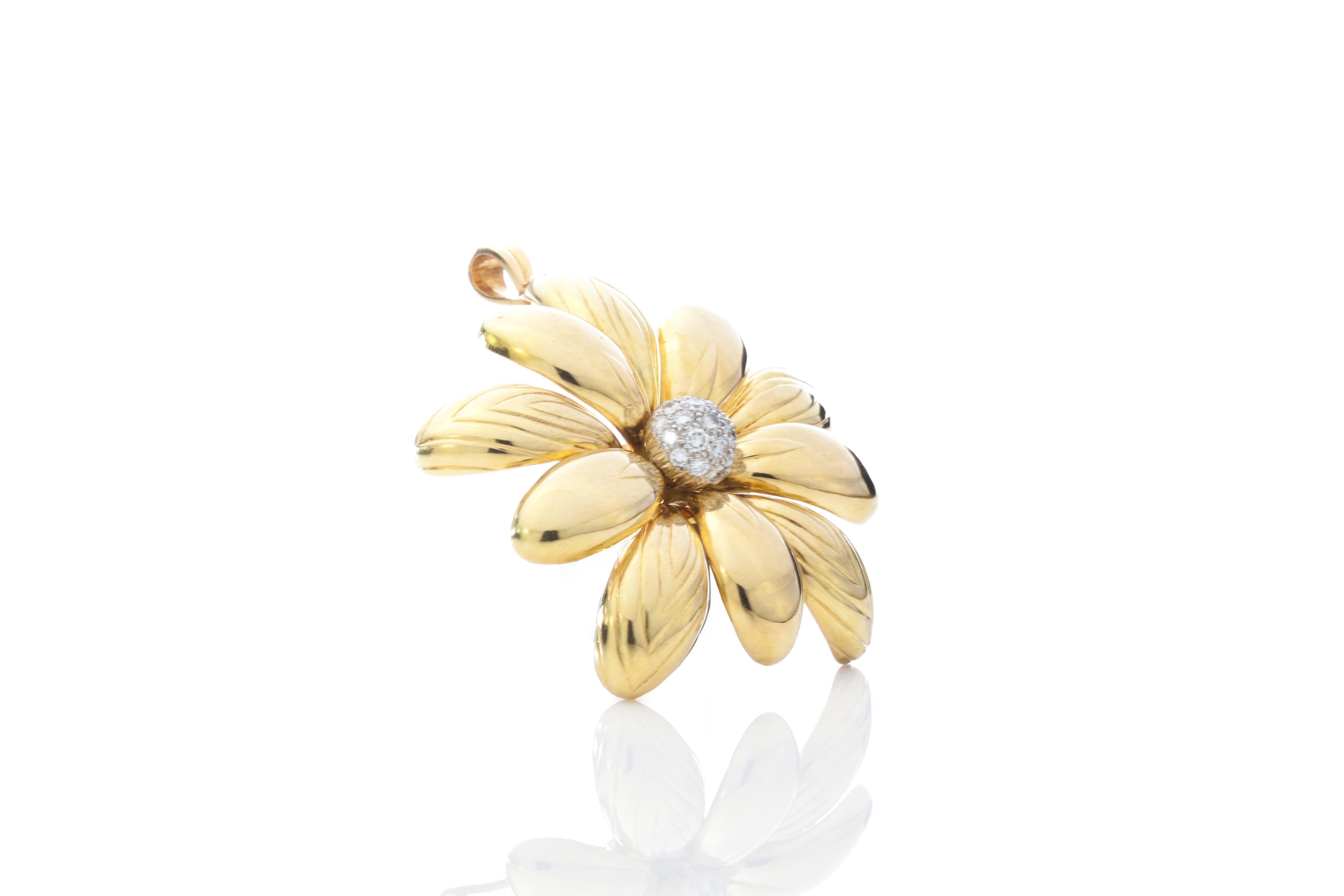 Round Cut 18 Karat Yellow Gold Ladies Flower Brooch and Pendant with Diamonds For Sale