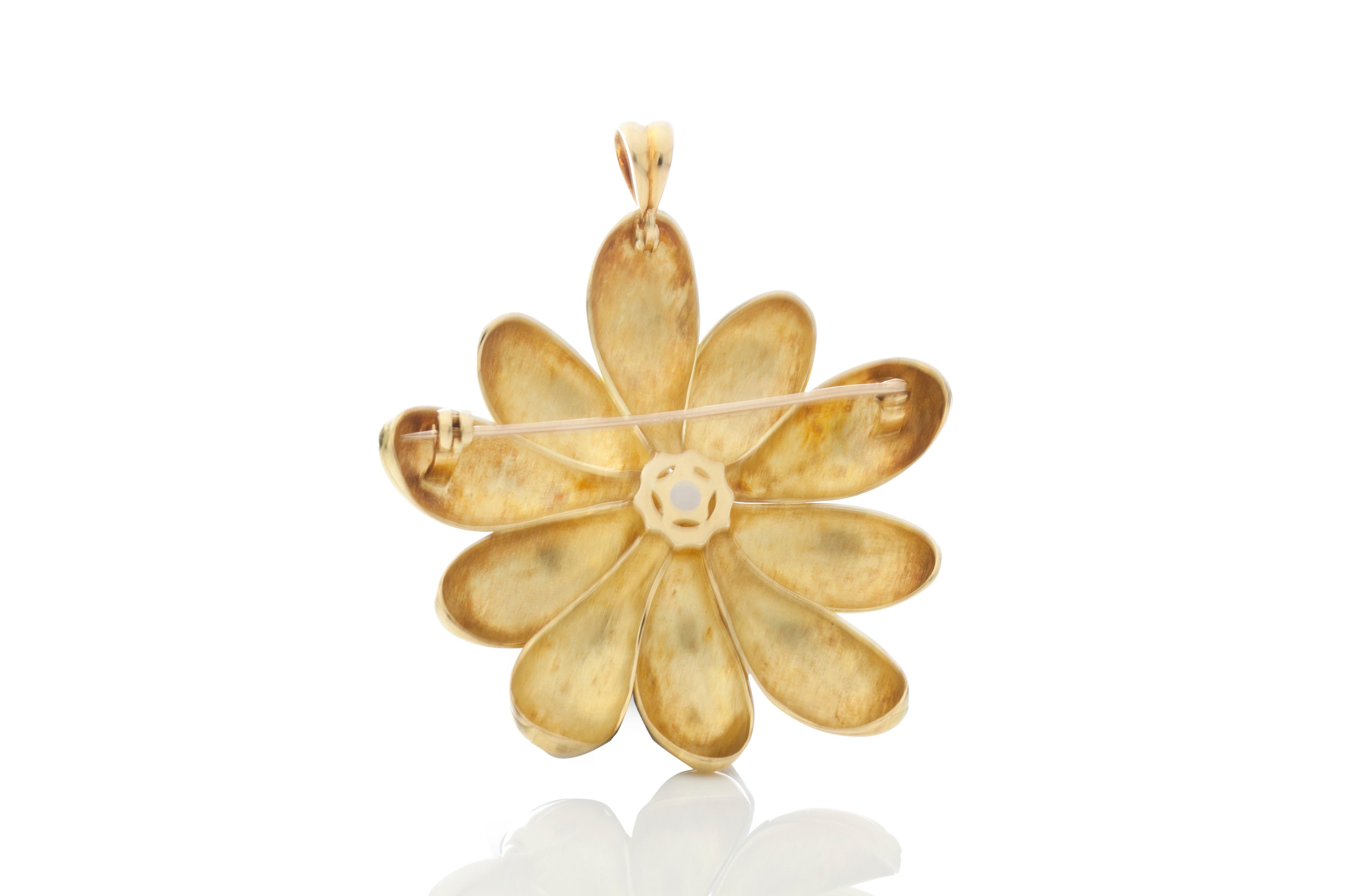 Women's 18 Karat Yellow Gold Ladies Flower Brooch and Pendant with Diamonds For Sale
