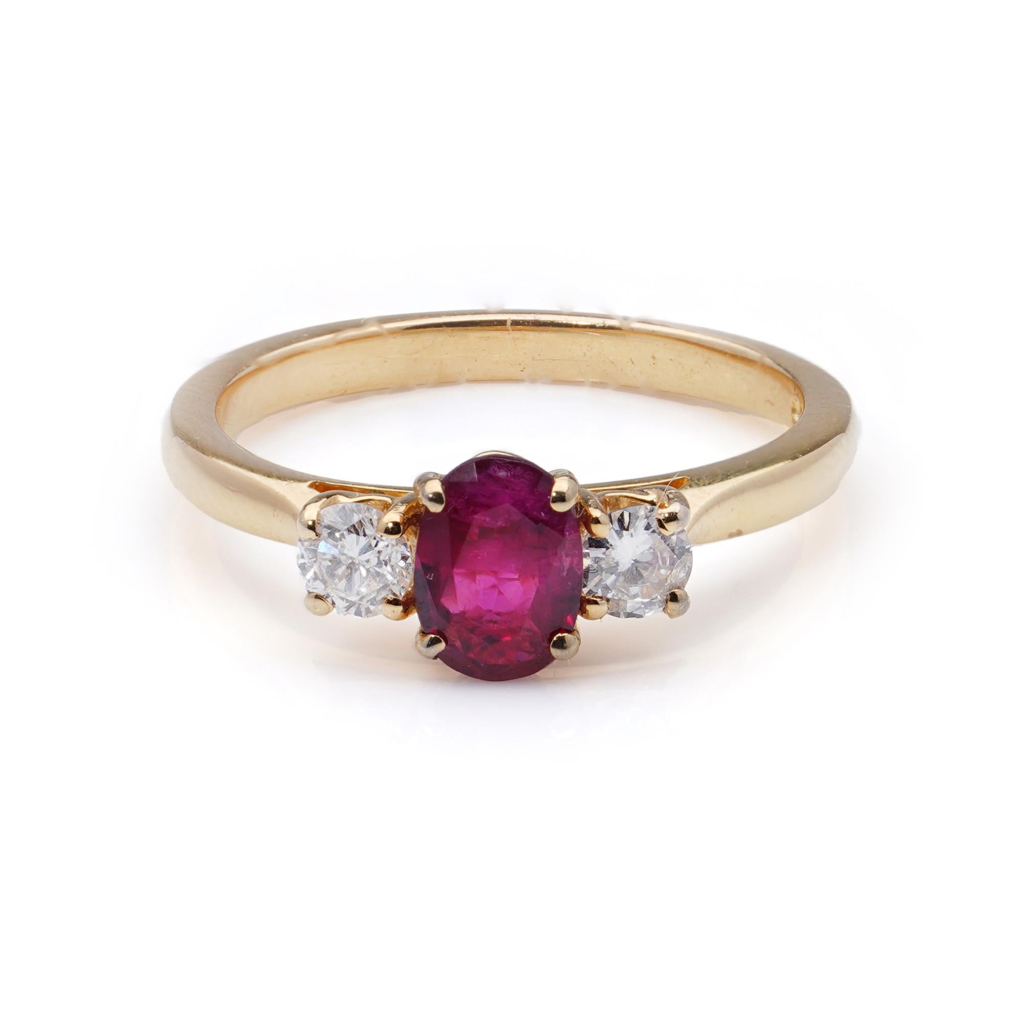 Oval Cut 18kt. Yellow Gold Ladies Three-Stone Ring, Set with 0.50 Ct. Ruby For Sale