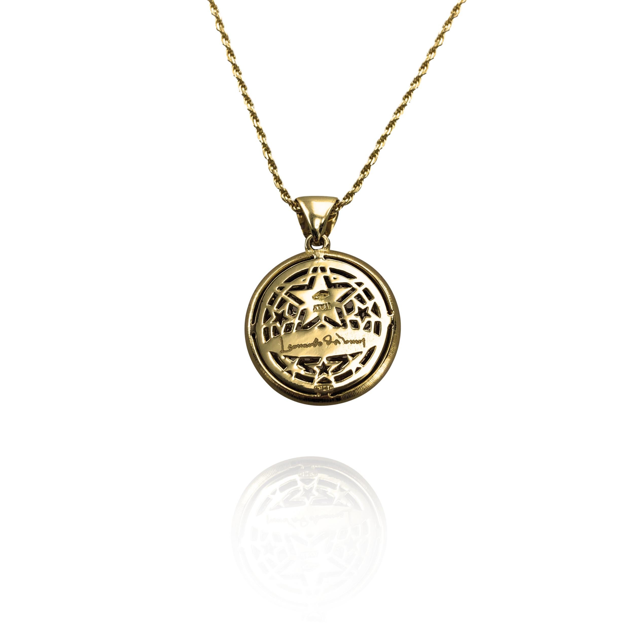 This 18Kt Yellow Gold and Diamond Leonardo Da Vinci Cut Diamond Pendant Necklace, incorporates Leonardo Da Vinci's architectural designs and uses the Divine Proportions as its mathematical basis. So for example the pendant is 1.6 cm in length and