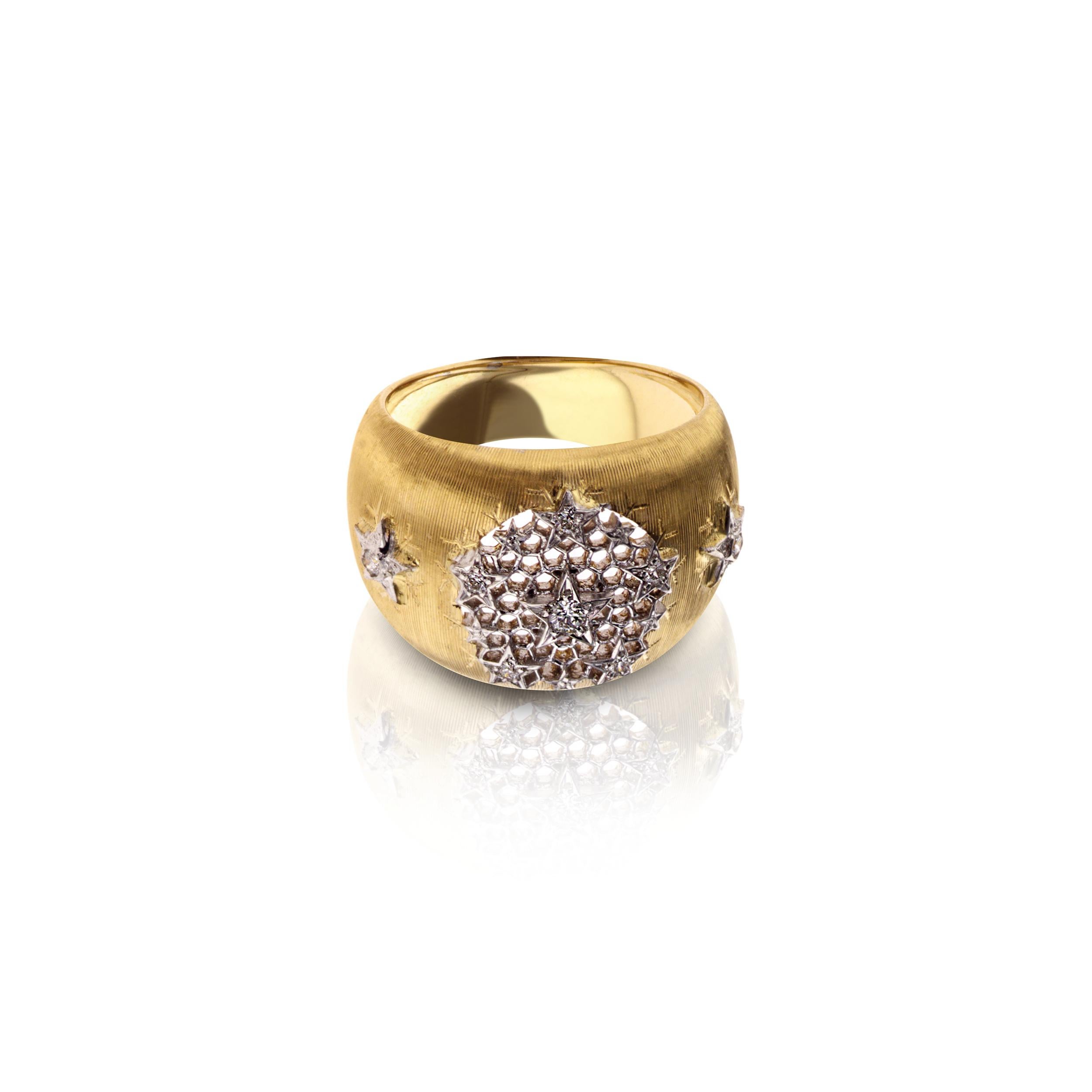 This 18Kt yellow Gold Diamond Ginevra band ring incorporates Leonardo Da Vinci's architectural designs and uses the Divine Proportions as its mathematical basis. 

This band like ring radiates a matted yellow Gold, with a large pentagon designed in