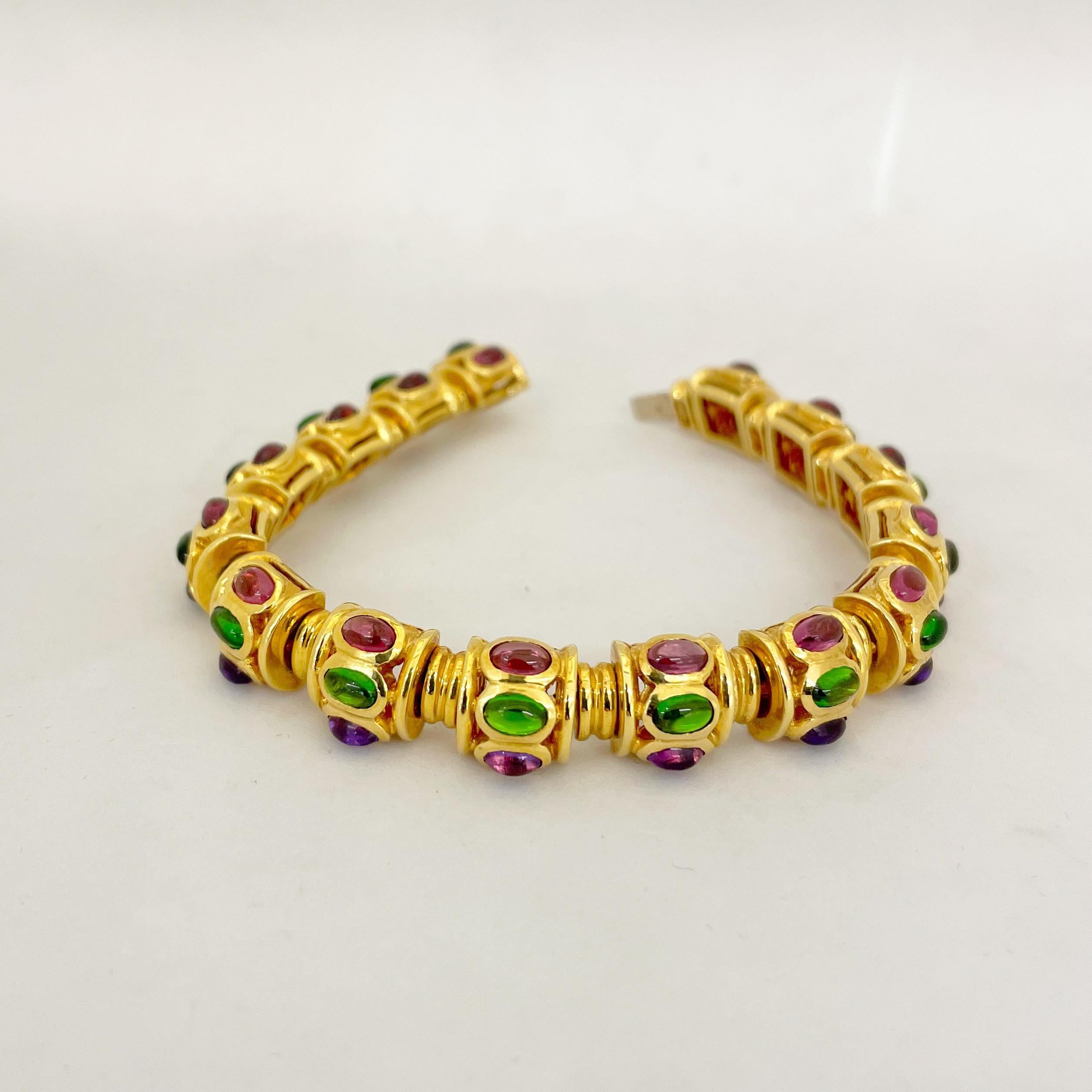 Women's or Men's 18 Karat Gold Link Bracelet with Cabochon Amethyst, Rhodolite and Diopside For Sale