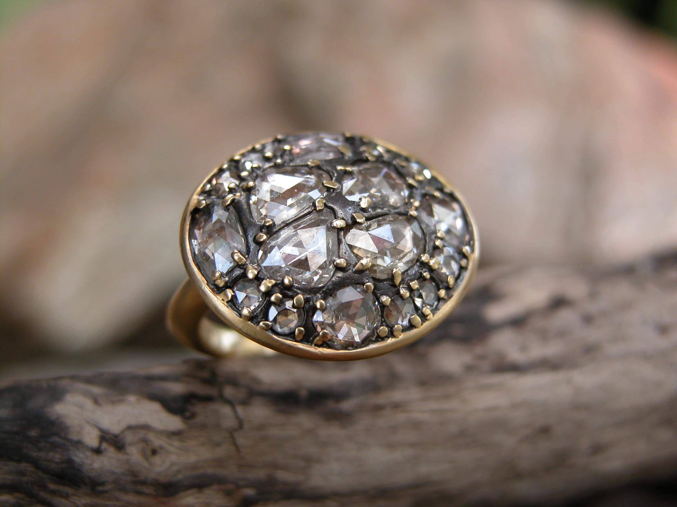 18kt Yellow Gold Low Dome Ring with Champagne Rose Cut Diamonds w/ Blackened top In New Condition For Sale In Weehawken, NJ