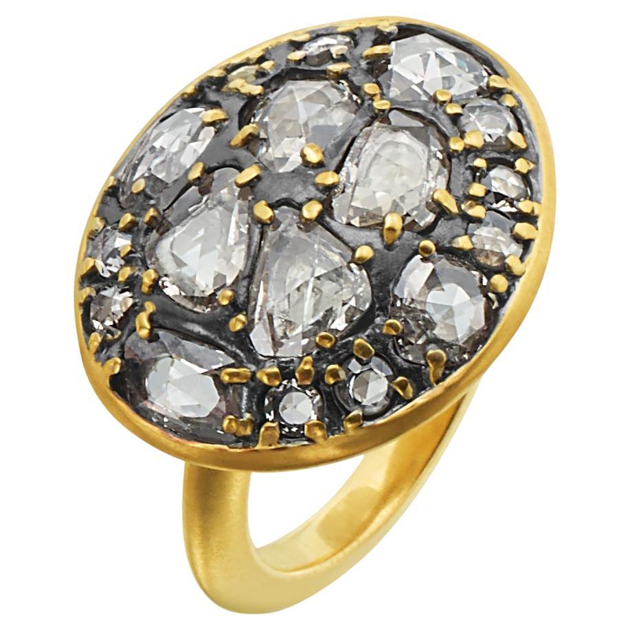 18kt Yellow Gold Low Dome Ring with Champagne Rose Cut Diamonds w/ Blackened top For Sale