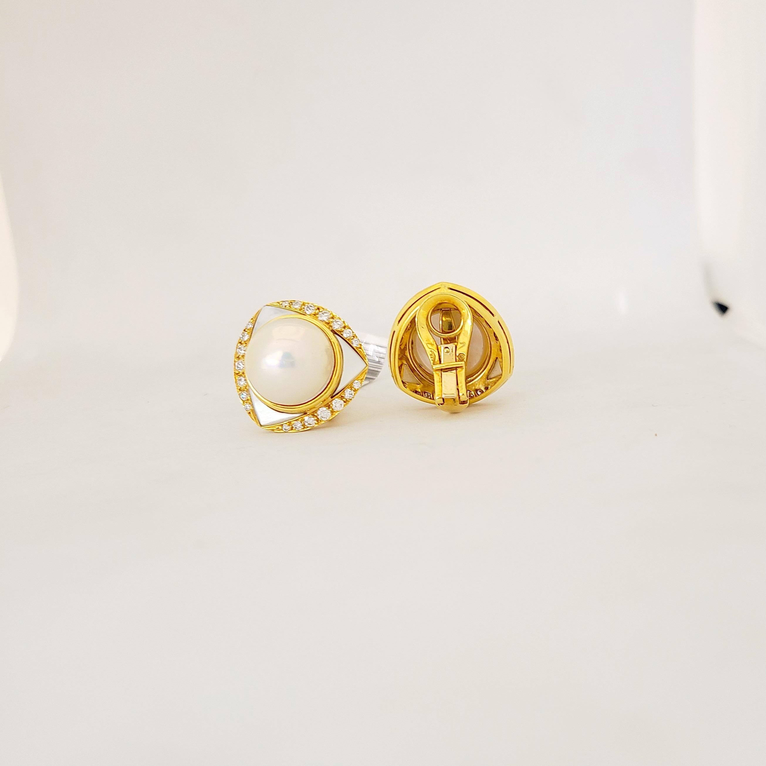 Pendiente con clip de oro de 18 quilates, perla mabe y madreperla, diamantes de 1,06 quilates en Nuevo estado para la venta en New York, NY