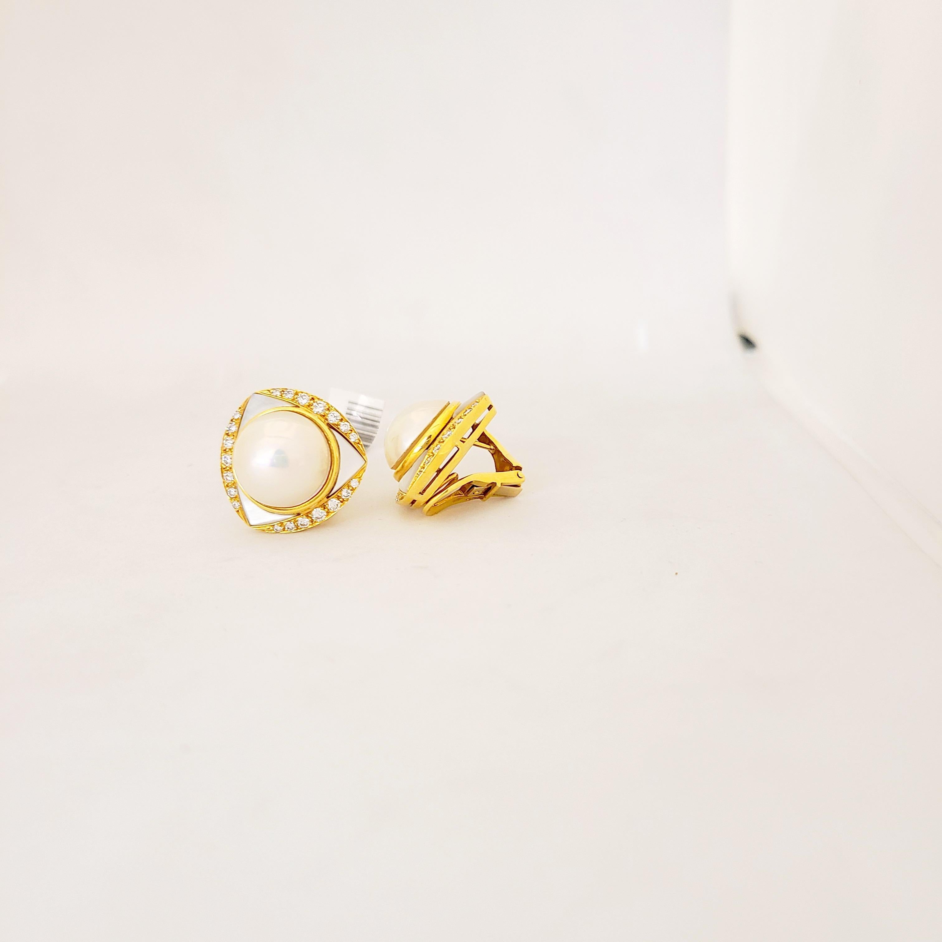 Femenino o masculino Pendiente con clip de oro de 18 quilates, perla mabe y madreperla, diamantes de 1,06 quilates en venta