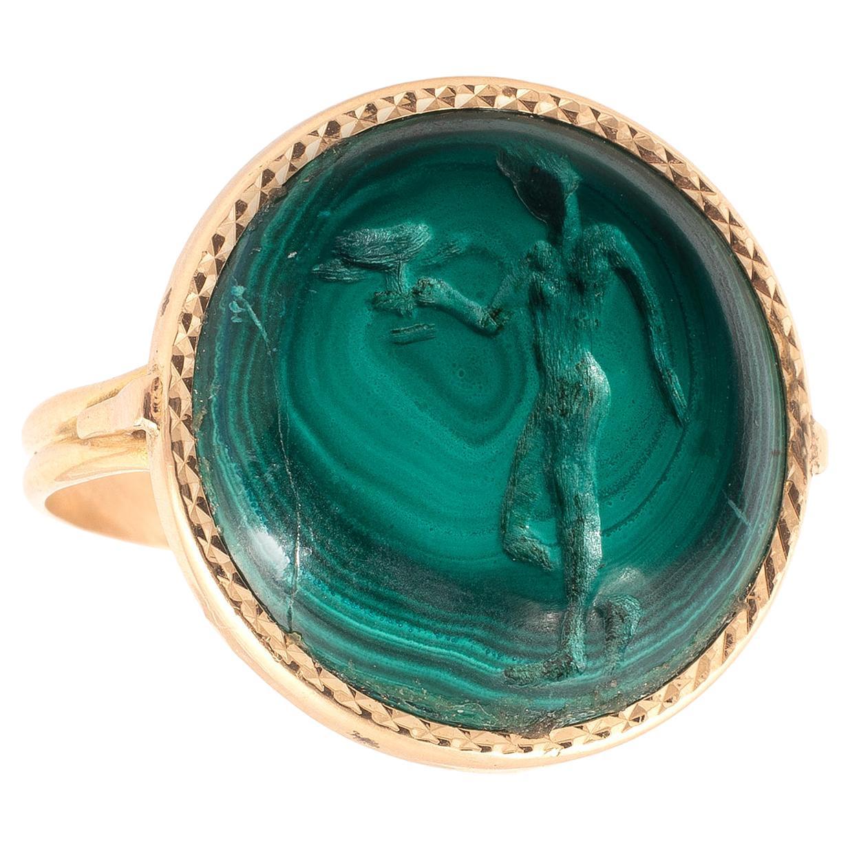 18kt Yellow Gold Malachite Mercury Intaglio Ring