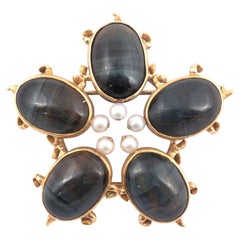 18kt Yellow Gold Moss Agate and Pearl Brooch 1905ca