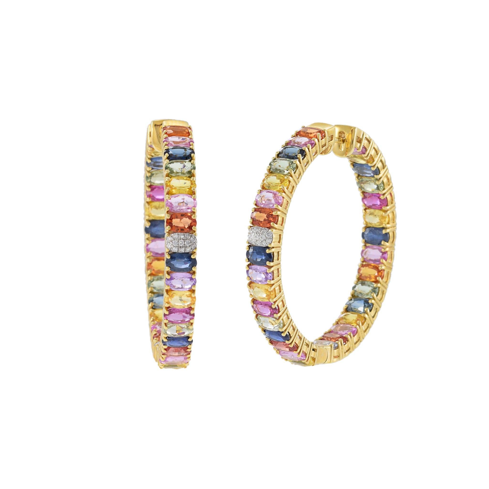 Modern 18KT Yellow Gold Multi-Color Oval Sapphire and Diamond Hoop Earrings For Sale