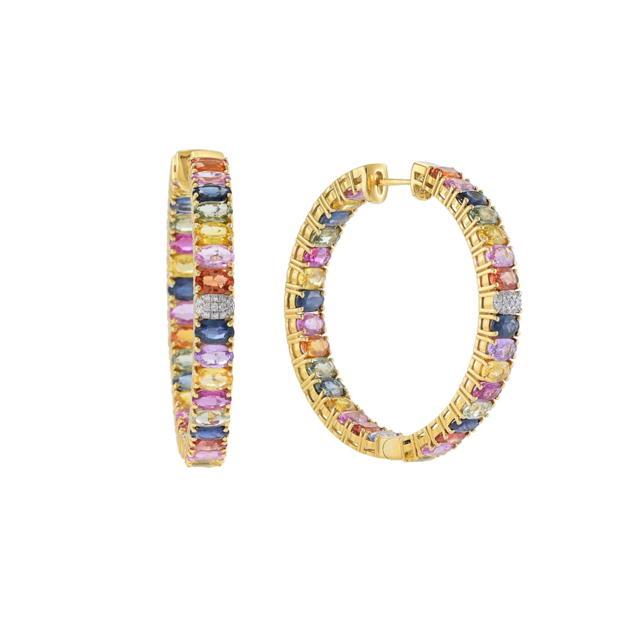 Oval Cut 18KT Yellow Gold Multi-Color Oval Sapphire and Diamond Hoop Earrings For Sale