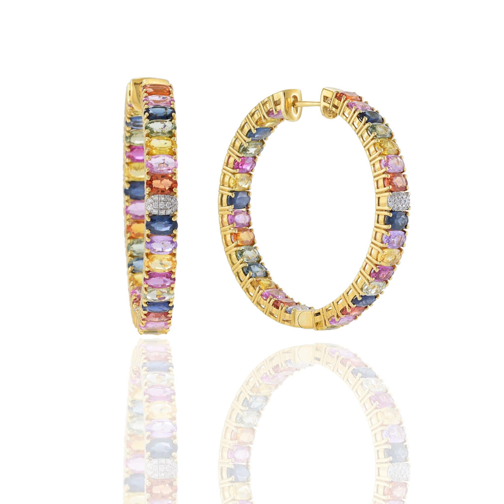 18KT Yellow Gold Multi-Color Oval Sapphire and Diamond Hoop Earrings In New Condition For Sale In New York, NY