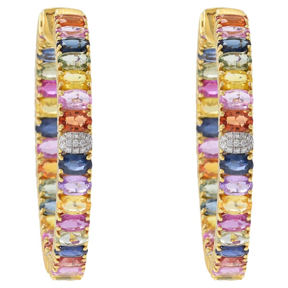 18KT Yellow Gold Multi-Color Oval Sapphire and Diamond Hoop Earrings