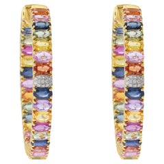 18KT Yellow Gold Multi-Color Oval Sapphire and Diamond Hoop Earrings