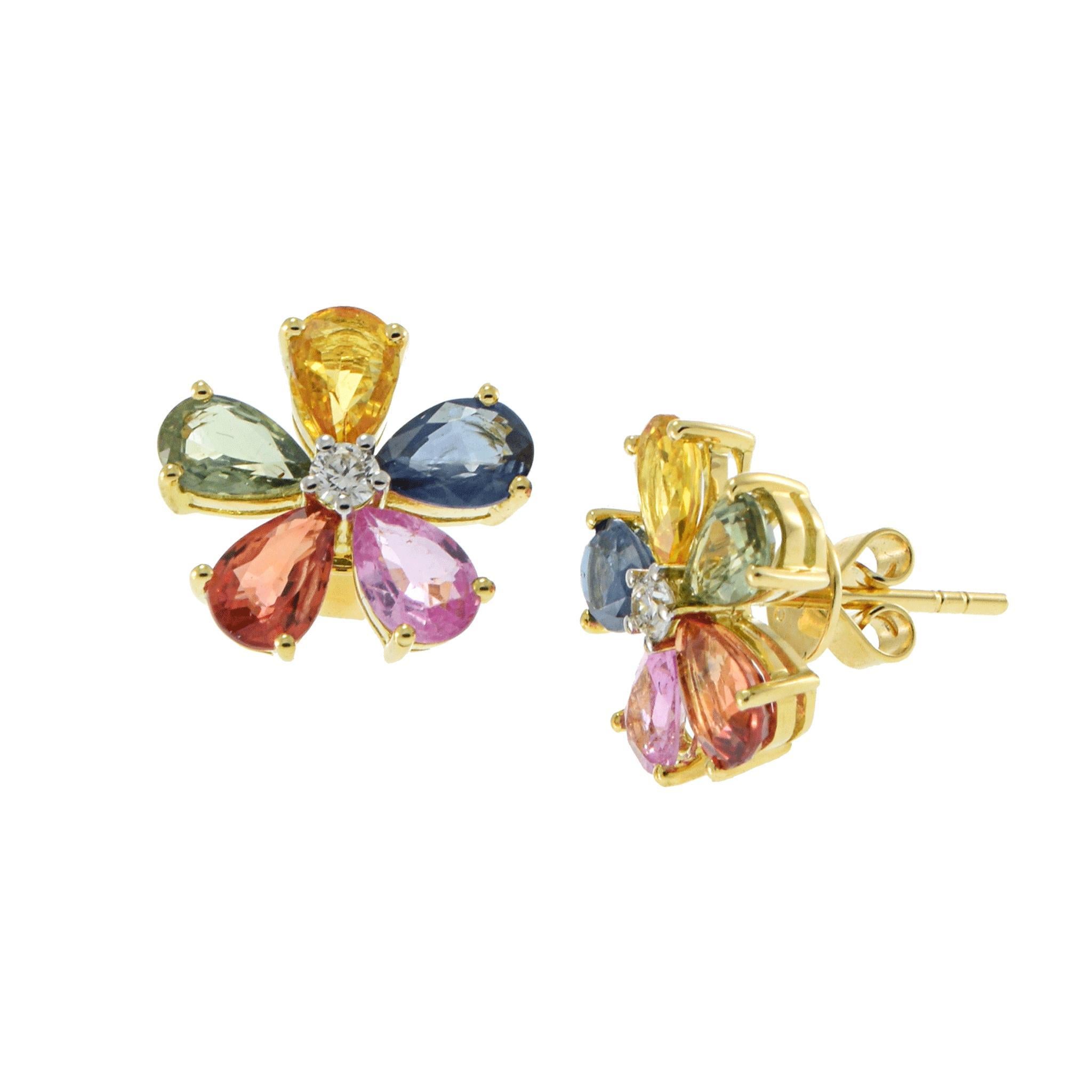 A dazzling pair of 18KT yellow gold flower earrings, featuring a vibrant array of multi-color pear-cut sapphires totaling 4.53CT-TW, arranged in an elegant floral motif. Accentuating the design are 0.12CT-TW of round-cut diamonds, adding brilliance