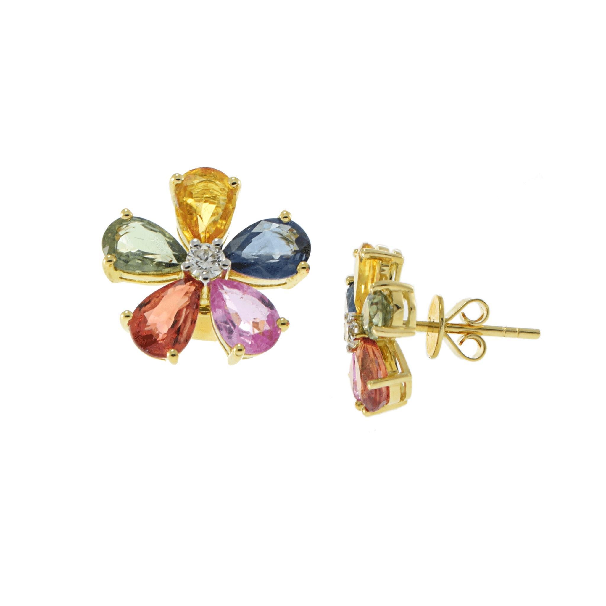 Pear Cut 18KT Yellow Gold Multi-Color Pear-Cut Sapphire and Diamond Flower Earrings For Sale