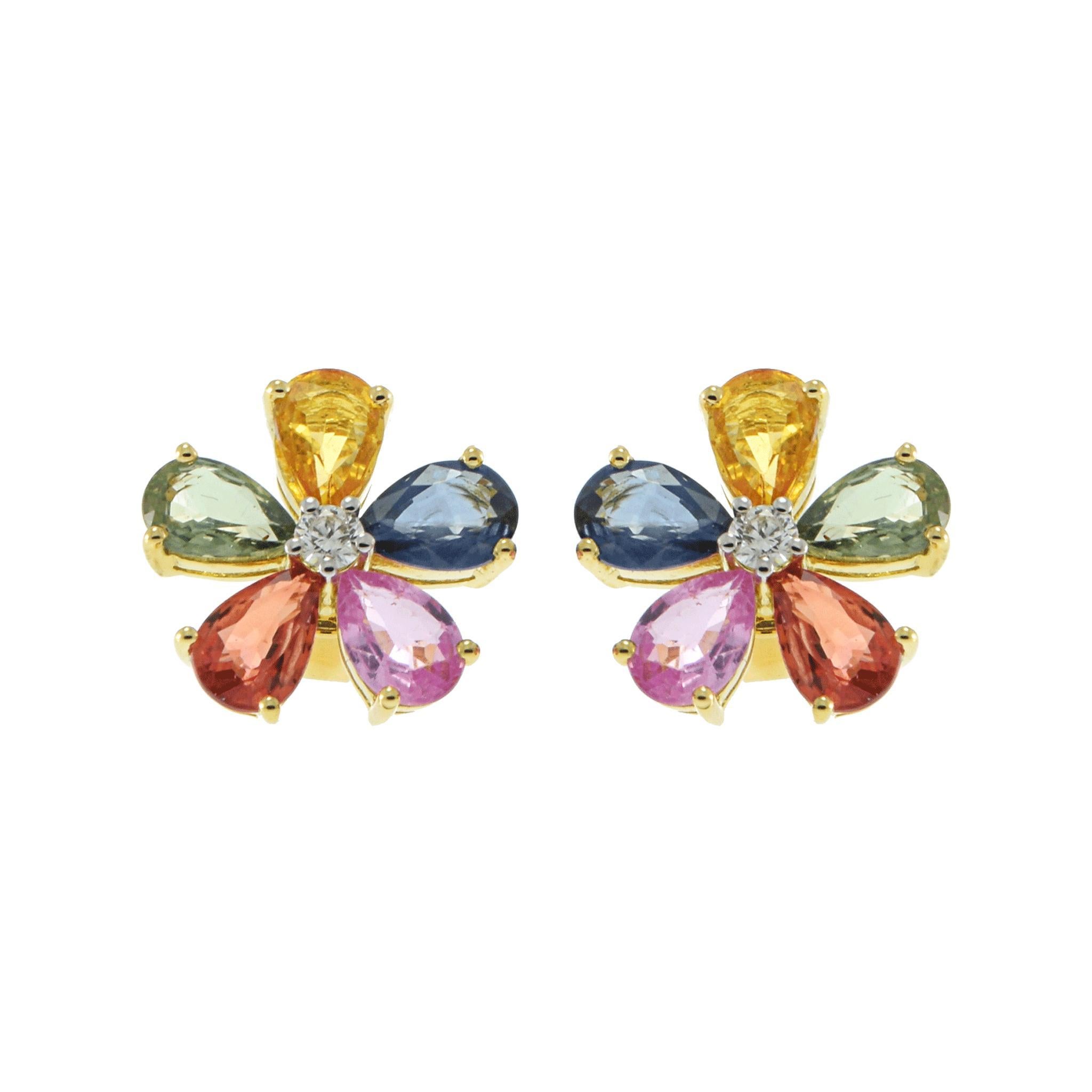 18KT Yellow Gold Multi-Color Pear-Cut Sapphire and Diamond Flower Earrings In New Condition For Sale In New York, NY