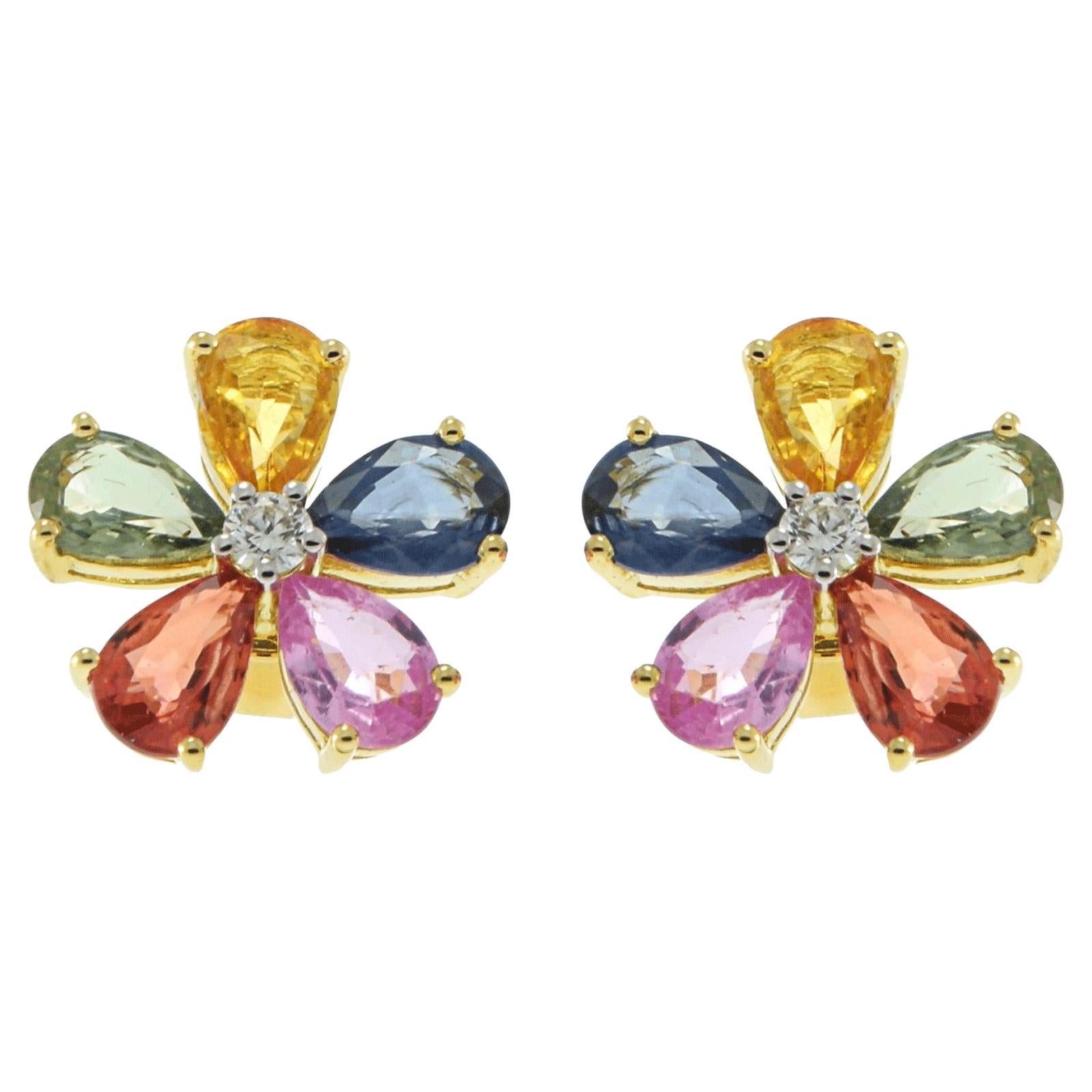 18KT Yellow Gold Multi-Color Pear-Cut Sapphire and Diamond Flower Earrings For Sale