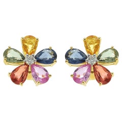 18KT Yellow Gold Multi-Color Pear-Cut Sapphire and Diamond Flower Earrings