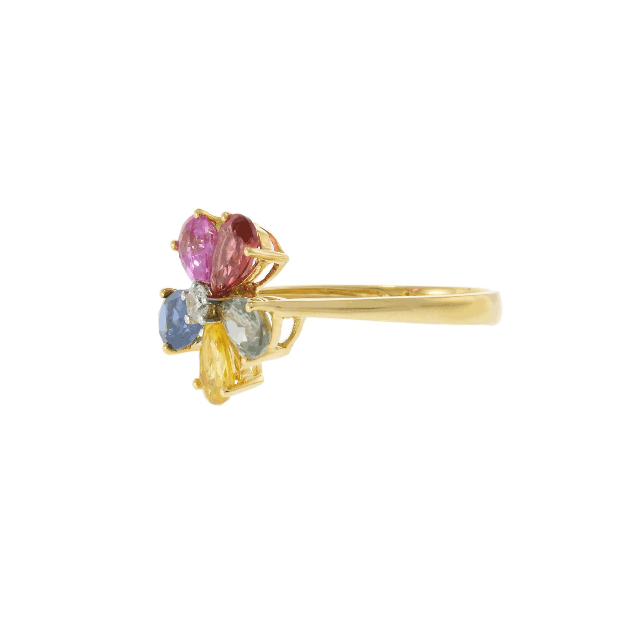 18KT Gelbgold Multi-Color-Birnenschliff Saphir und Diamant Blume Ring (Tropfenschliff) im Angebot