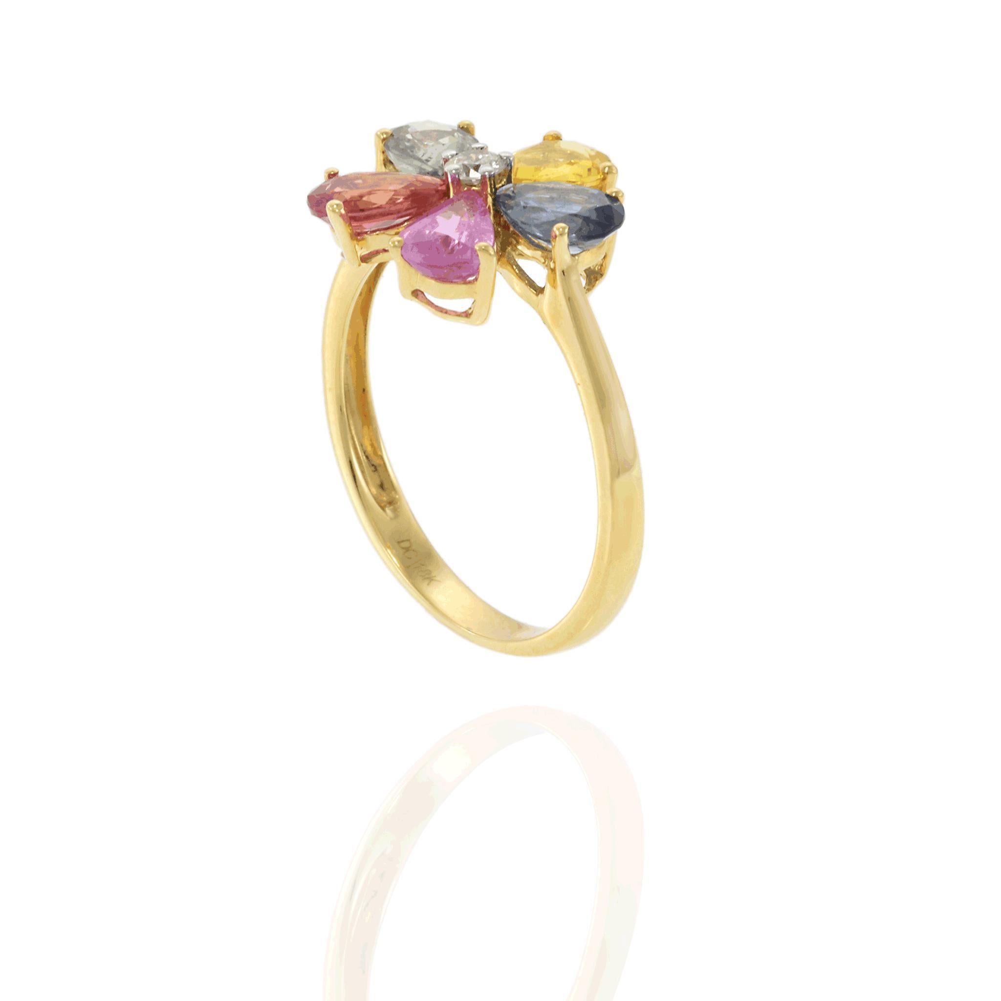18KT Gelbgold Multi-Color-Birnenschliff Saphir und Diamant Blume Ring im Zustand „Neu“ im Angebot in New York, NY