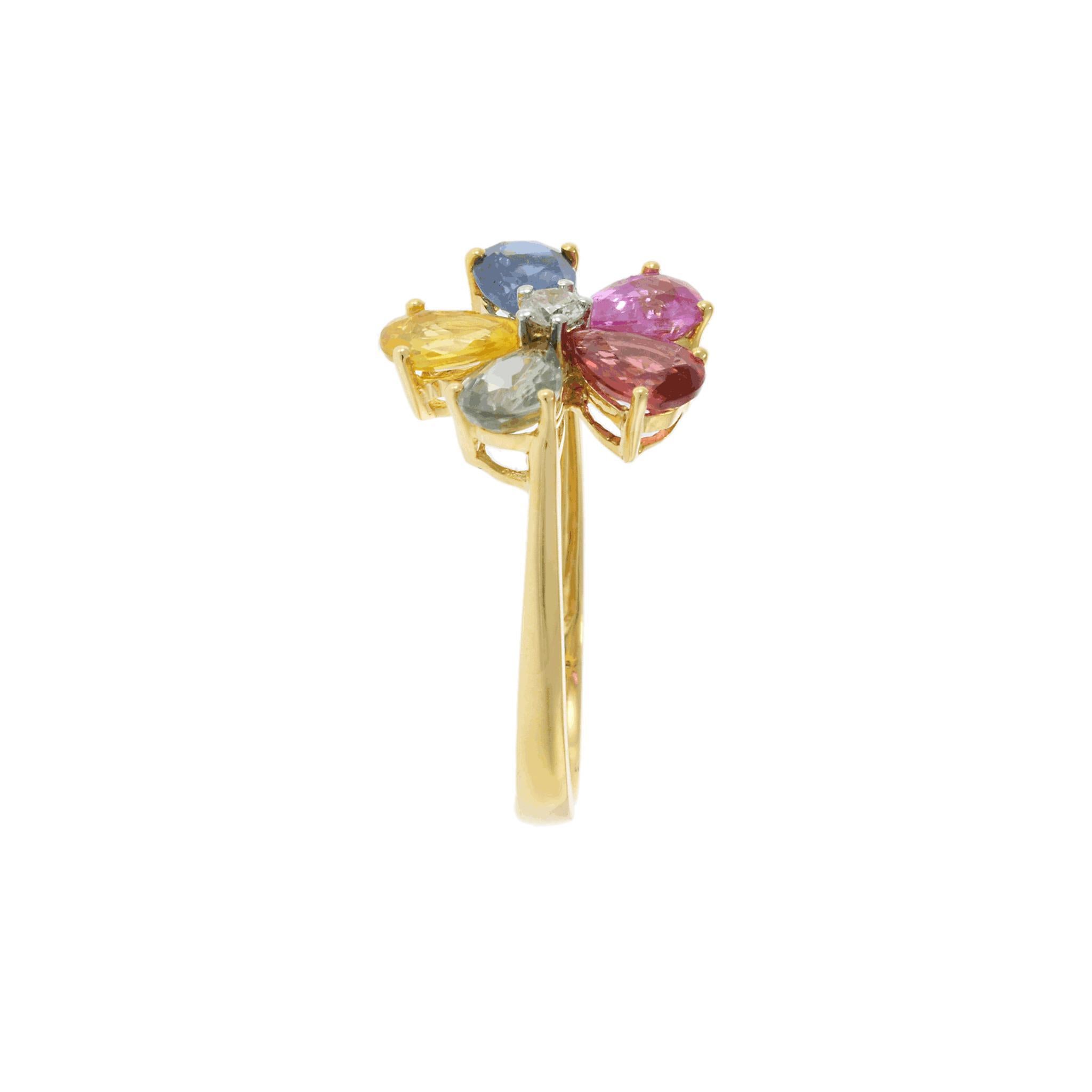18KT Gelbgold Multi-Color-Birnenschliff Saphir und Diamant Blume Ring Damen im Angebot