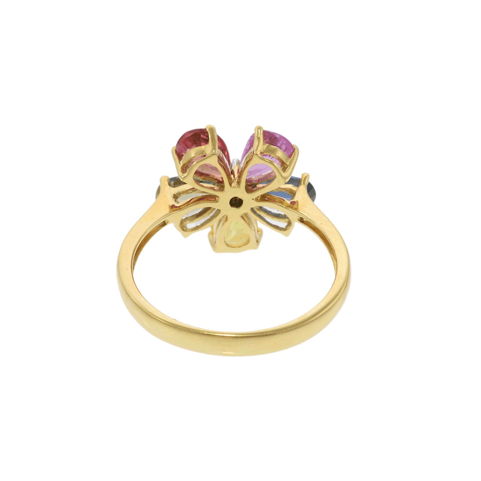 18KT Gelbgold Multi-Color-Birnenschliff Saphir und Diamant Blume Ring im Angebot 2