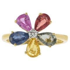 18KT Yellow Gold Multi-Color Pear-Cut Sapphire and Diamond Flower Ring