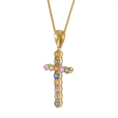 18KT Yellow Gold Multi-Color Sapphire Cross Pendant