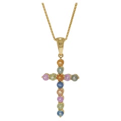 18KT Yellow Gold Multi-Color Sapphire Cross Pendant