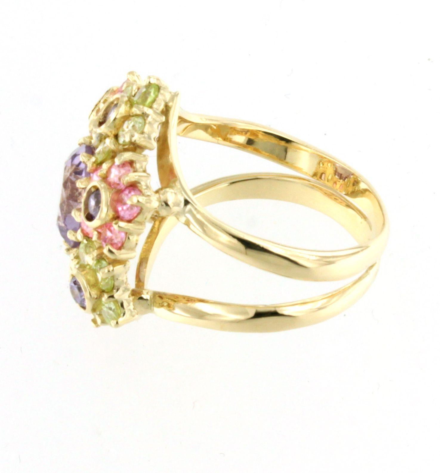 18Kt Yellow Gold Multi Colour Stones  Fashion Cocktail  Modern Ring For Sale 6