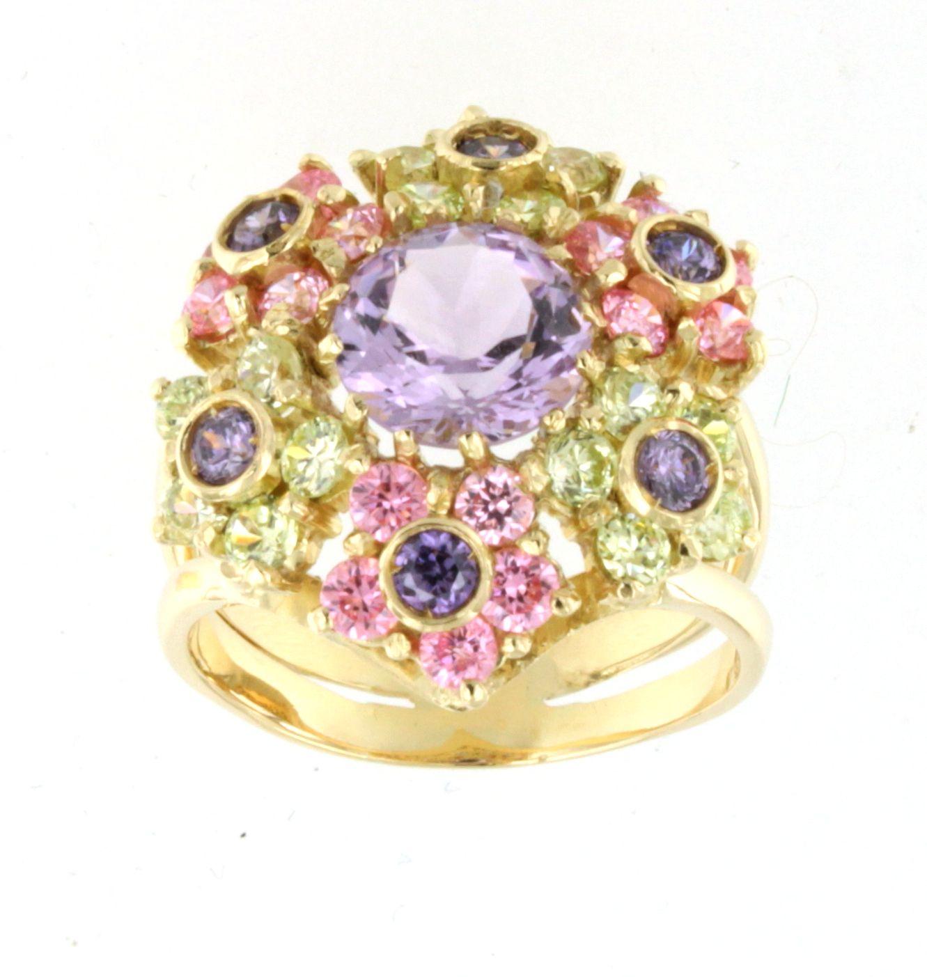 Women's or Men's 18Kt Yellow Gold Multi Colour Stones  Fashion Cocktail  Modern Ring For Sale