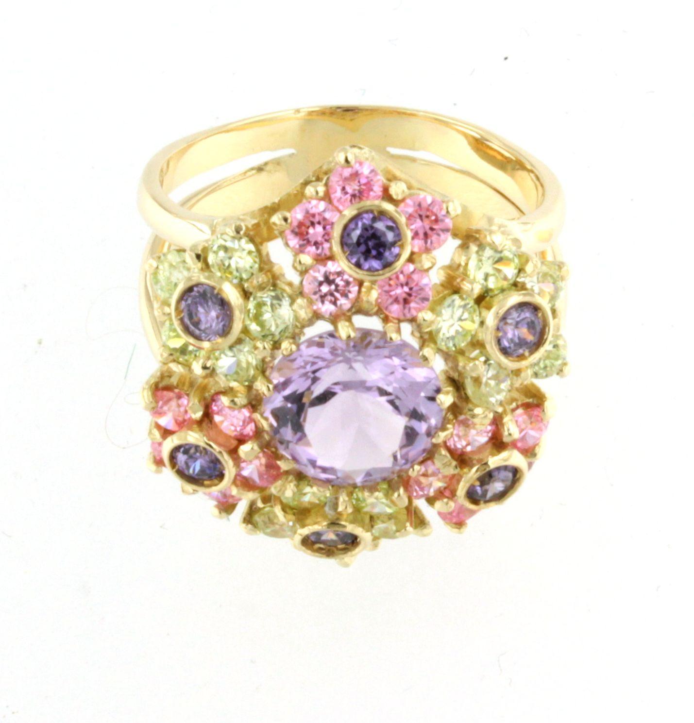 18Kt Yellow Gold Multi Colour Stones  Fashion Cocktail  Modern Ring For Sale 2