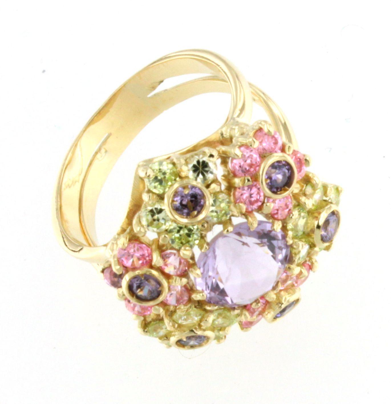 18Kt Yellow Gold Multi Colour Stones  Fashion Cocktail  Modern Ring For Sale 4