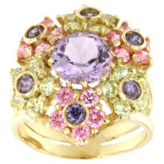 Oro amarillo de 18 quilates Piedras multicolor  Cóctel de moda  Anillo moderno