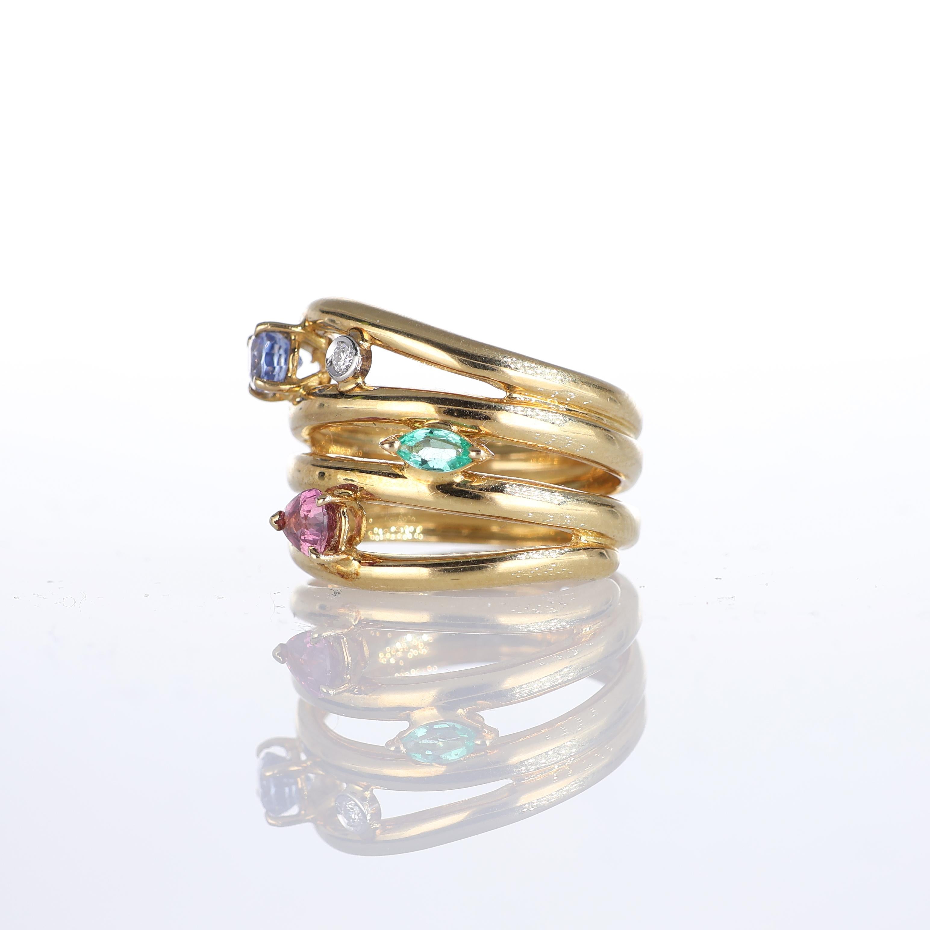 18kt Yellow Gold Multi-Stone Spiral Band Ring In New Condition For Sale In Bergamo, BG