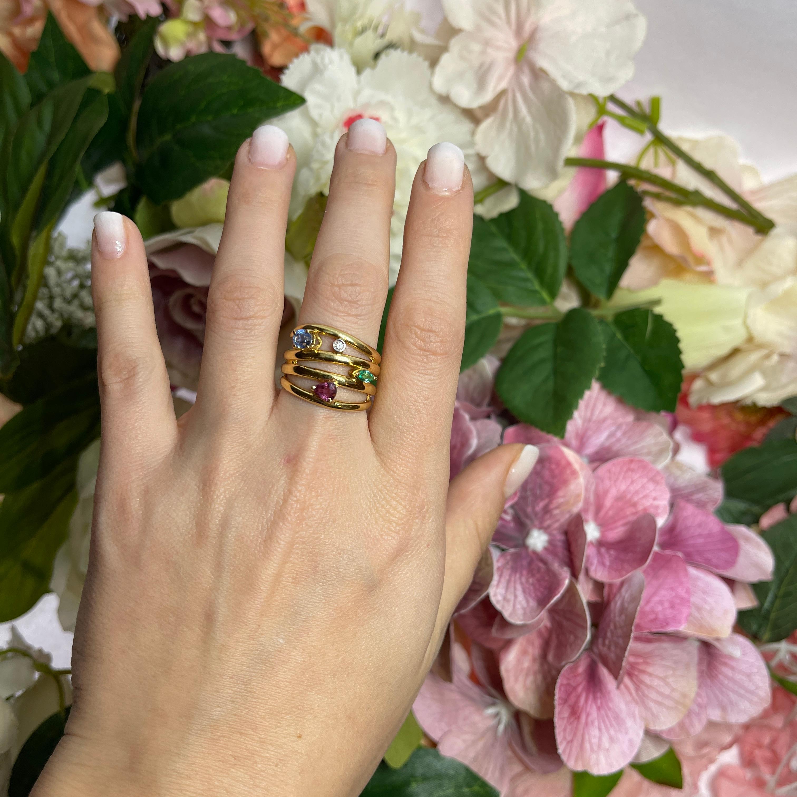 18kt Yellow Gold Multi-Stone Spiral Band Ring For Sale 1