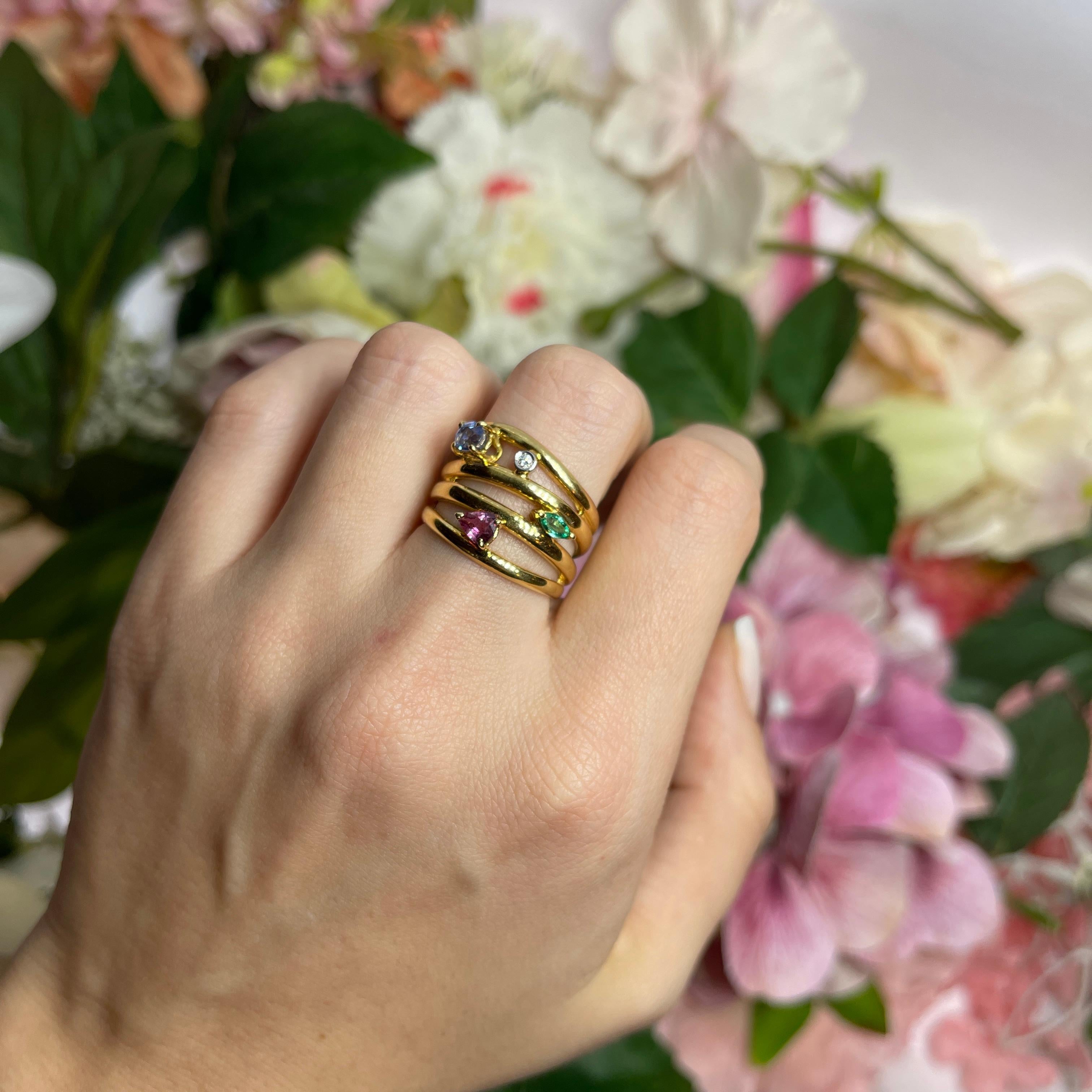 18kt Yellow Gold Multi-Stone Spiral Band Ring For Sale 2