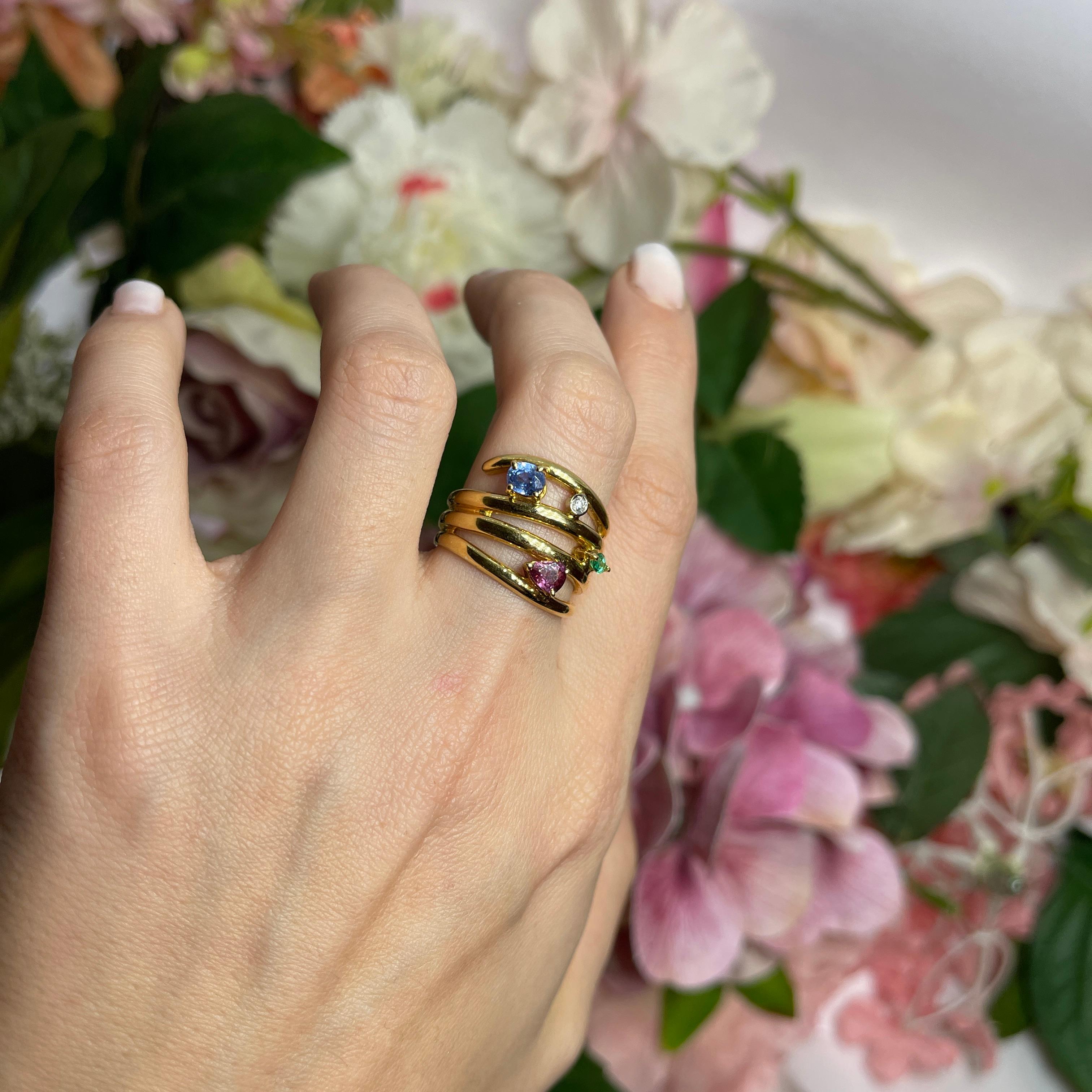 18kt Yellow Gold Multi-Stone Spiral Band Ring For Sale 3