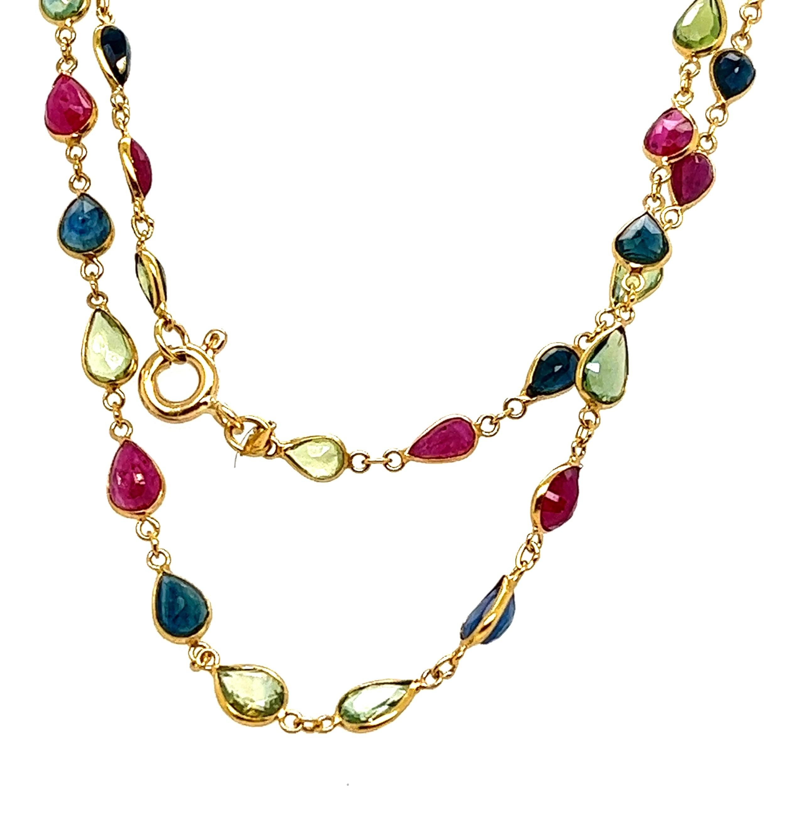 Pear Cut 18kt Yellow Gold Multicolor Precious Gemstone Necklace by the Yard.