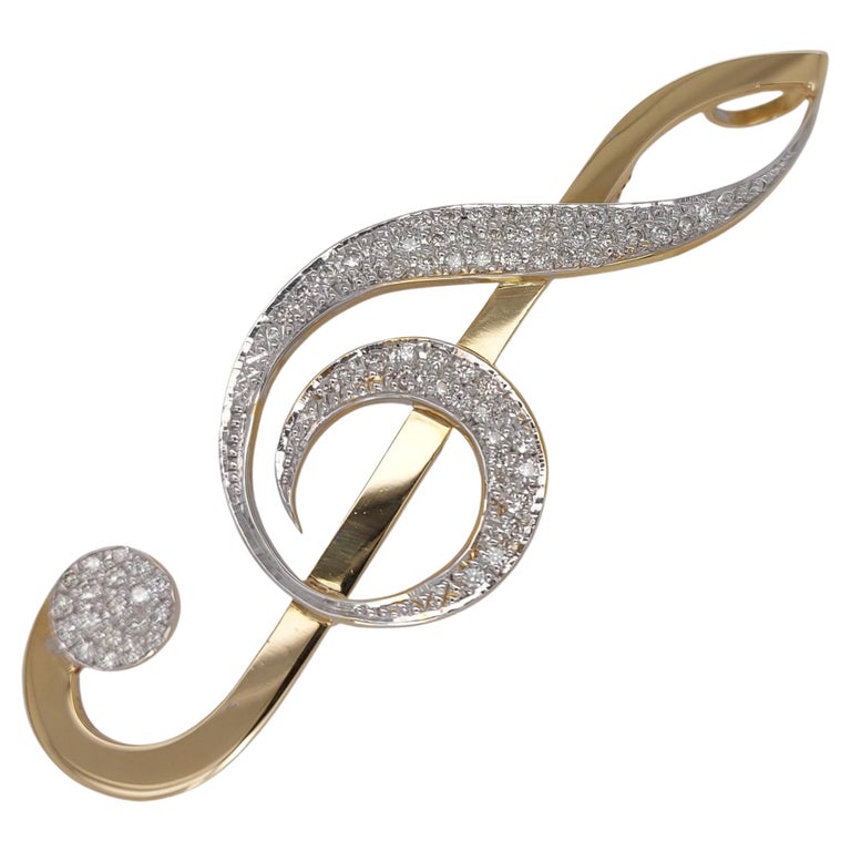 18kt Yellow Gold Music Note Necklace Hanger / Brooch Diamonds Set For