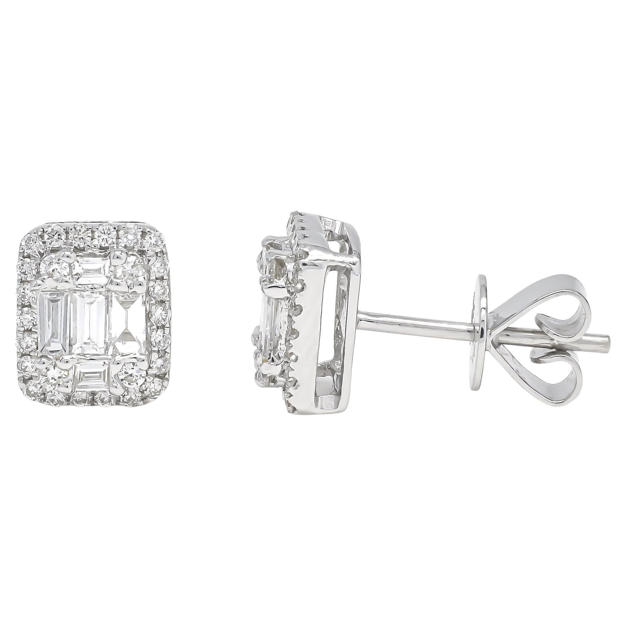 The Baguette and Round Diamond 18 KT Gold Cluster Halo Stud Earrings are the perfect accessory for any woman looking to add a touch of elegance and glamour to her evening wear or to mark a special anniversary.

These stunning earrings feature a