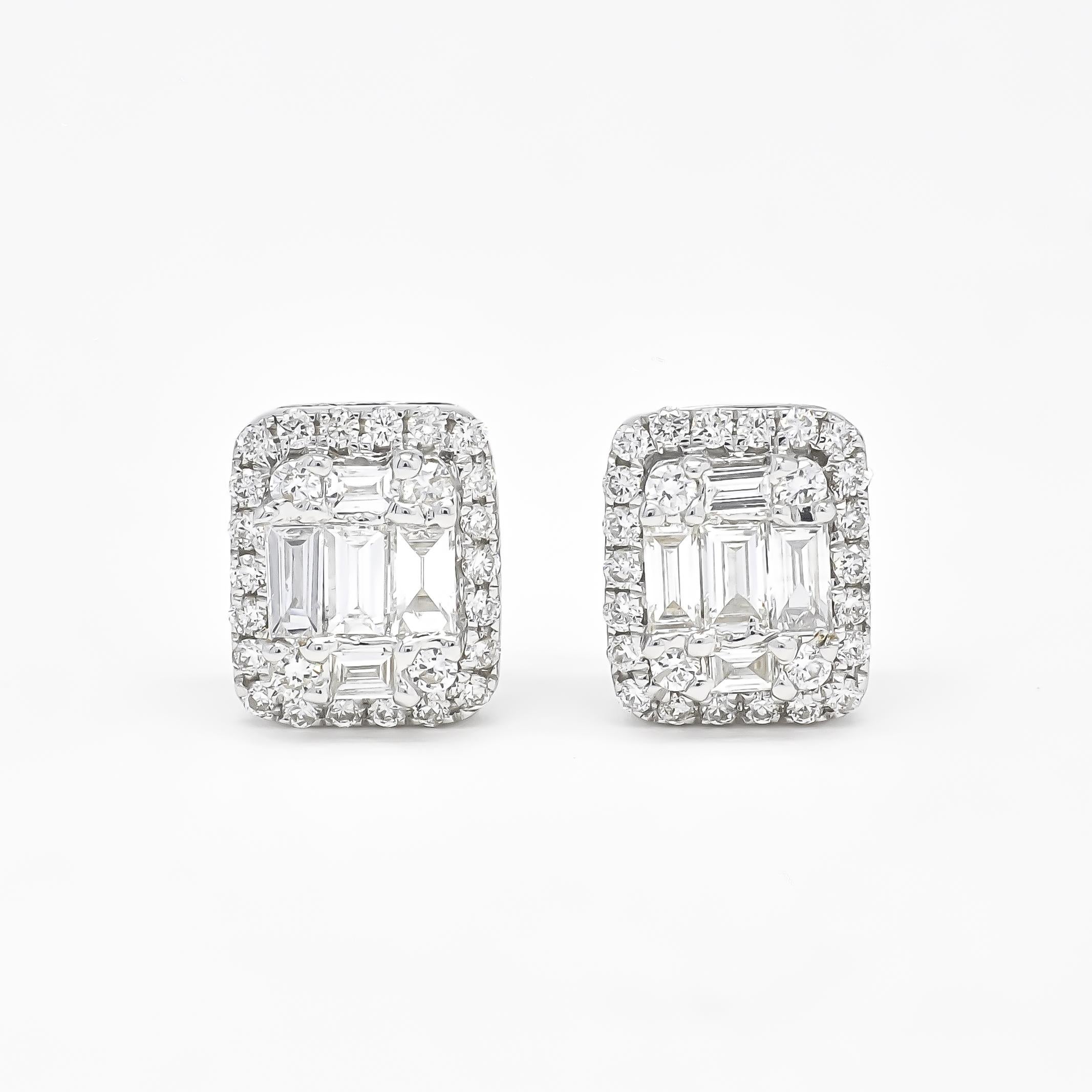 Baguette Cut Natural Diamond 0.70 carats  18 Karat Yellow Gold Cluster Halo Stud Earrings For Sale