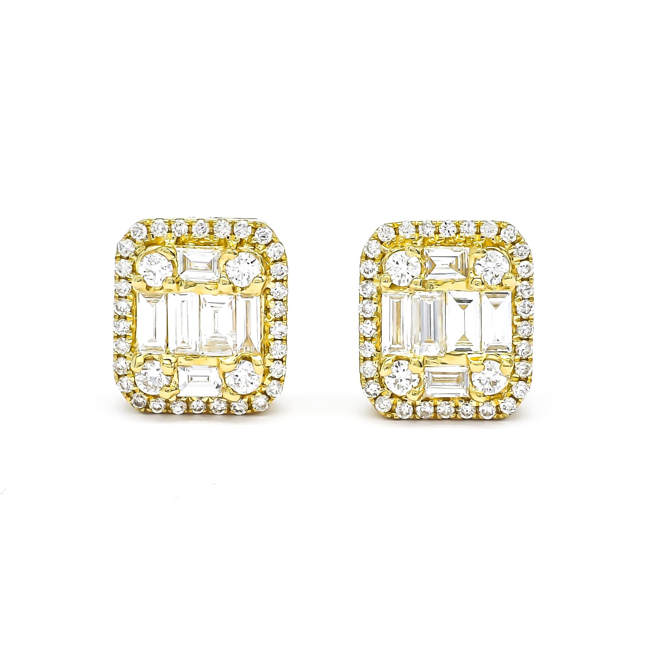 Indulge in luxury with these handmade 18KT yellow gold halo cluster stud earrings. The cluster design exudes elegance and luxury, featuring only natural diamonds of the highest quality. The center of each earring boasts baguette cut diamonds,