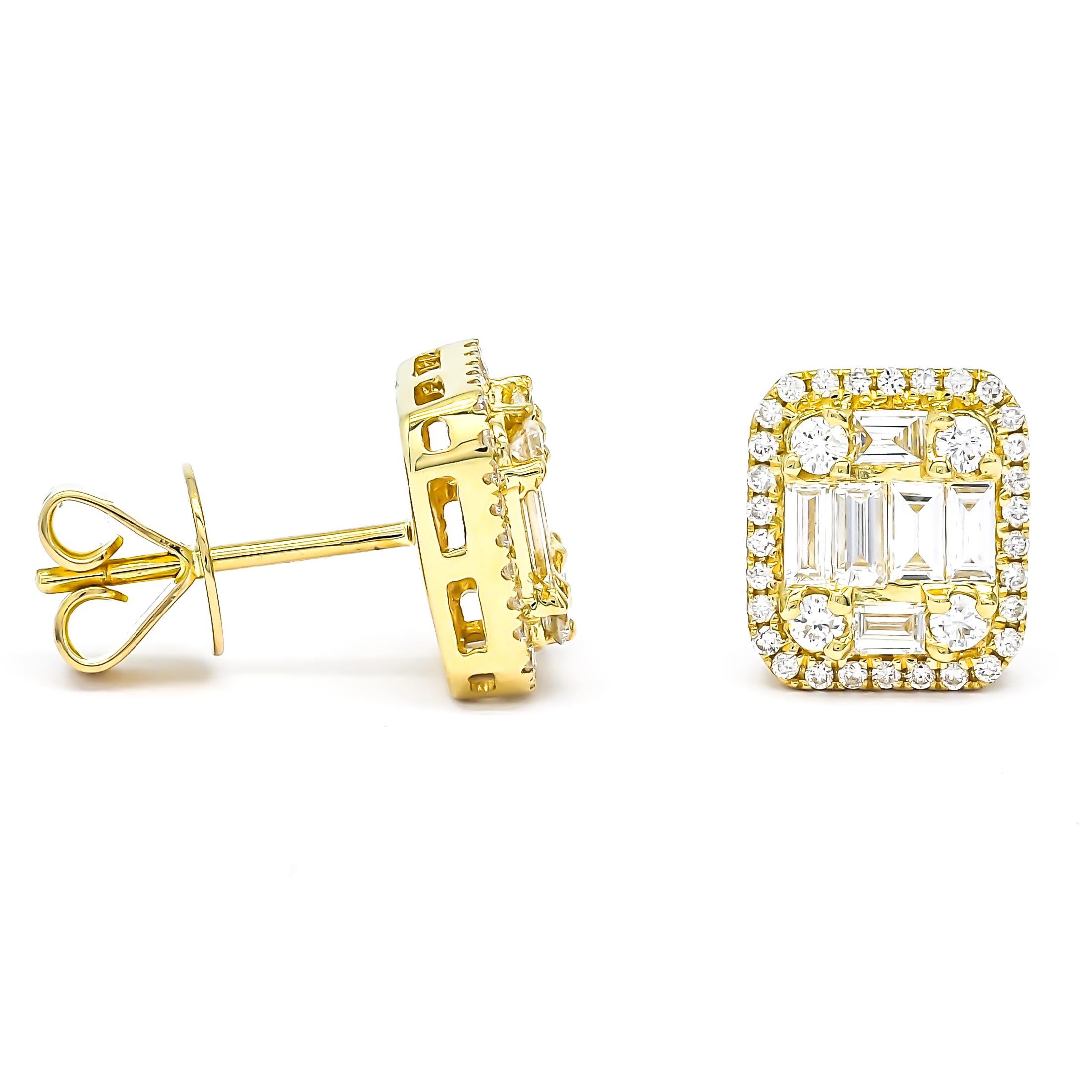 Baguette Cut 18KT Yellow Gold Natural Diamonds Baguette Round Halo Cluster Stud Earrings For Sale