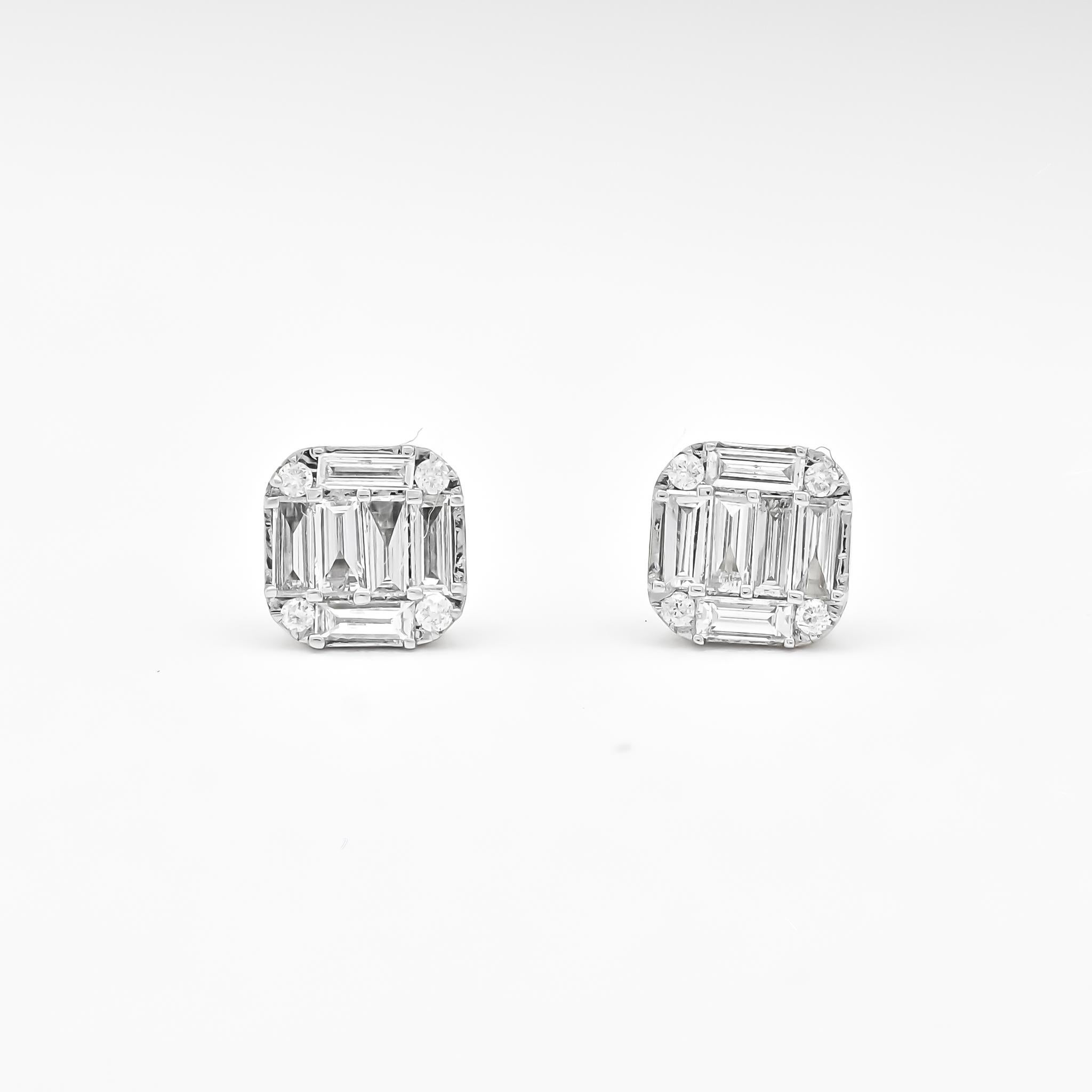 Infuse your style with a radiant and captivating aura by adorning these stunning round and baguette diamond cluster square stud earrings. Crafted to emanate timeless beauty and modern sophistication, these earrings are a testament to the exquisite